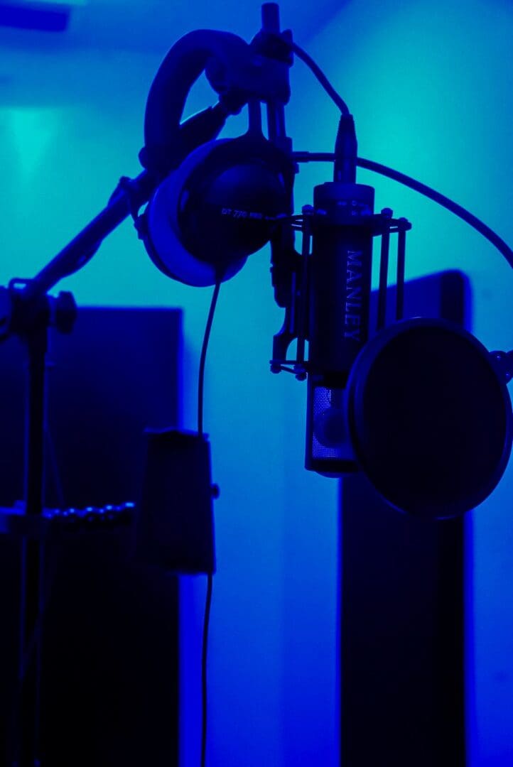 Studio microphone and headphones setup.