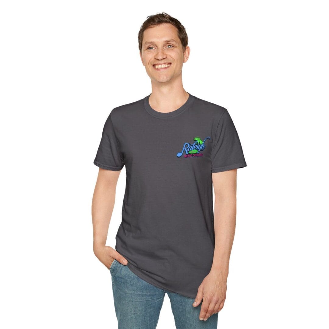Man in dark gray Raleigh Music Studio T-shirt.