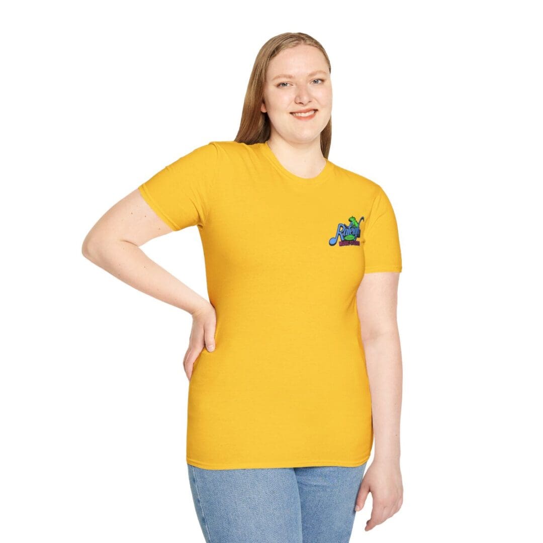 Woman in yellow t-shirt with logo.