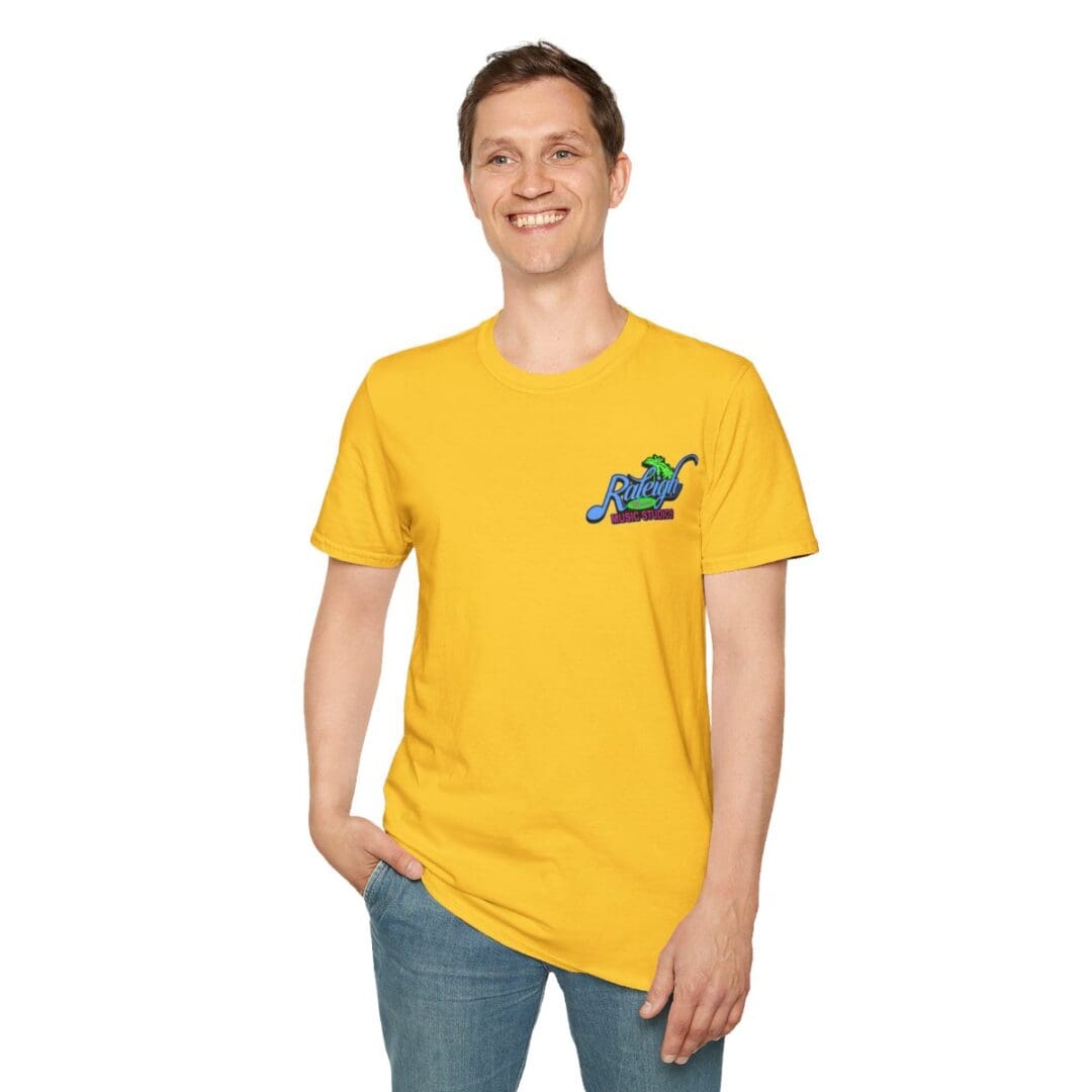 Man in yellow Raleigh t-shirt.