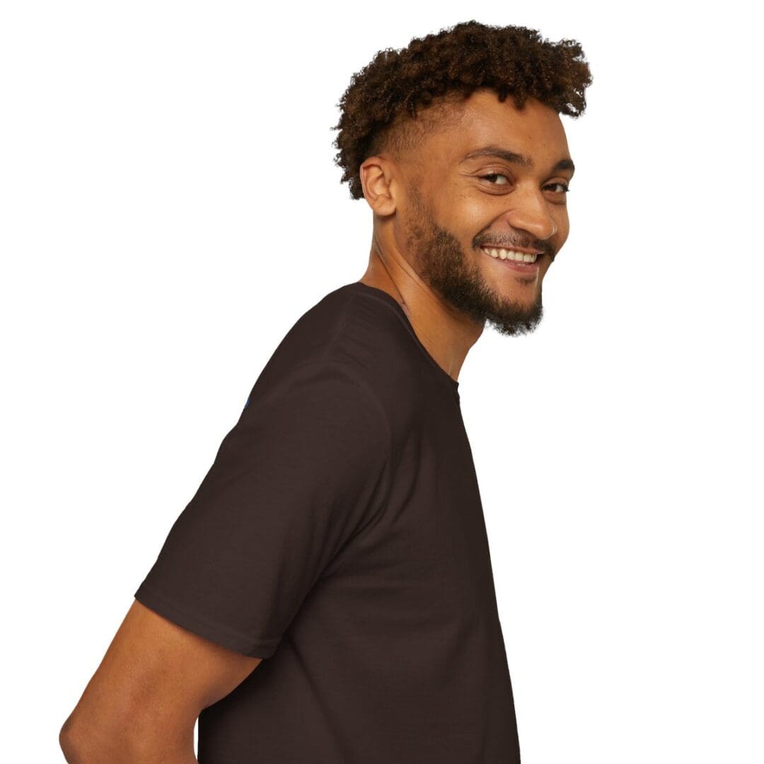 Smiling man in brown t-shirt.