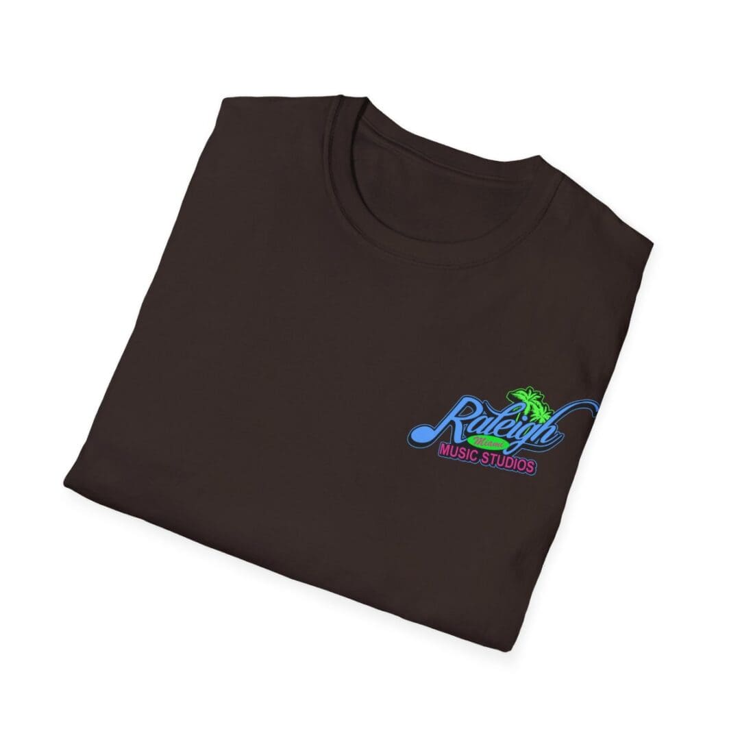 Folded dark brown Raleigh Music Studios T-shirt.