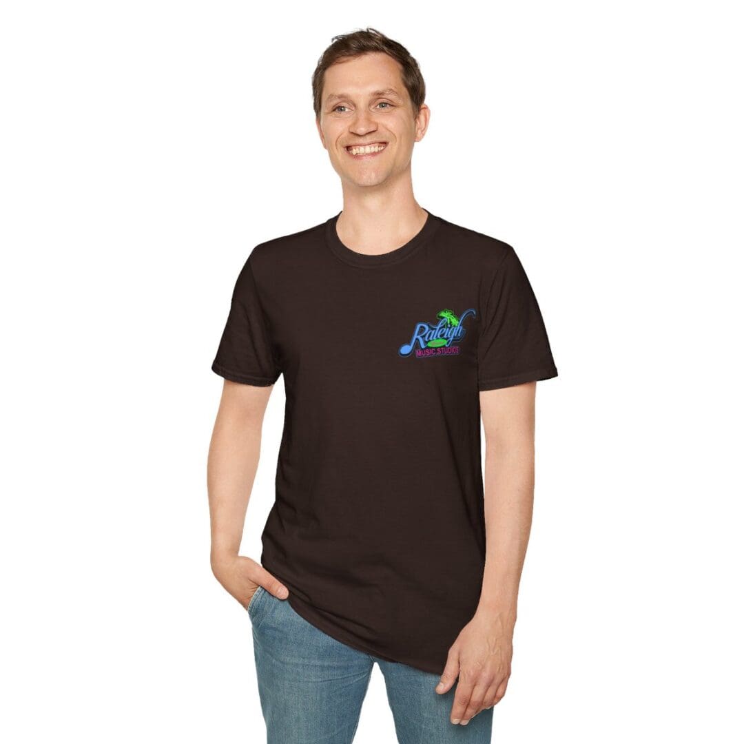 Man in brown Raleigh Music Studio tee.