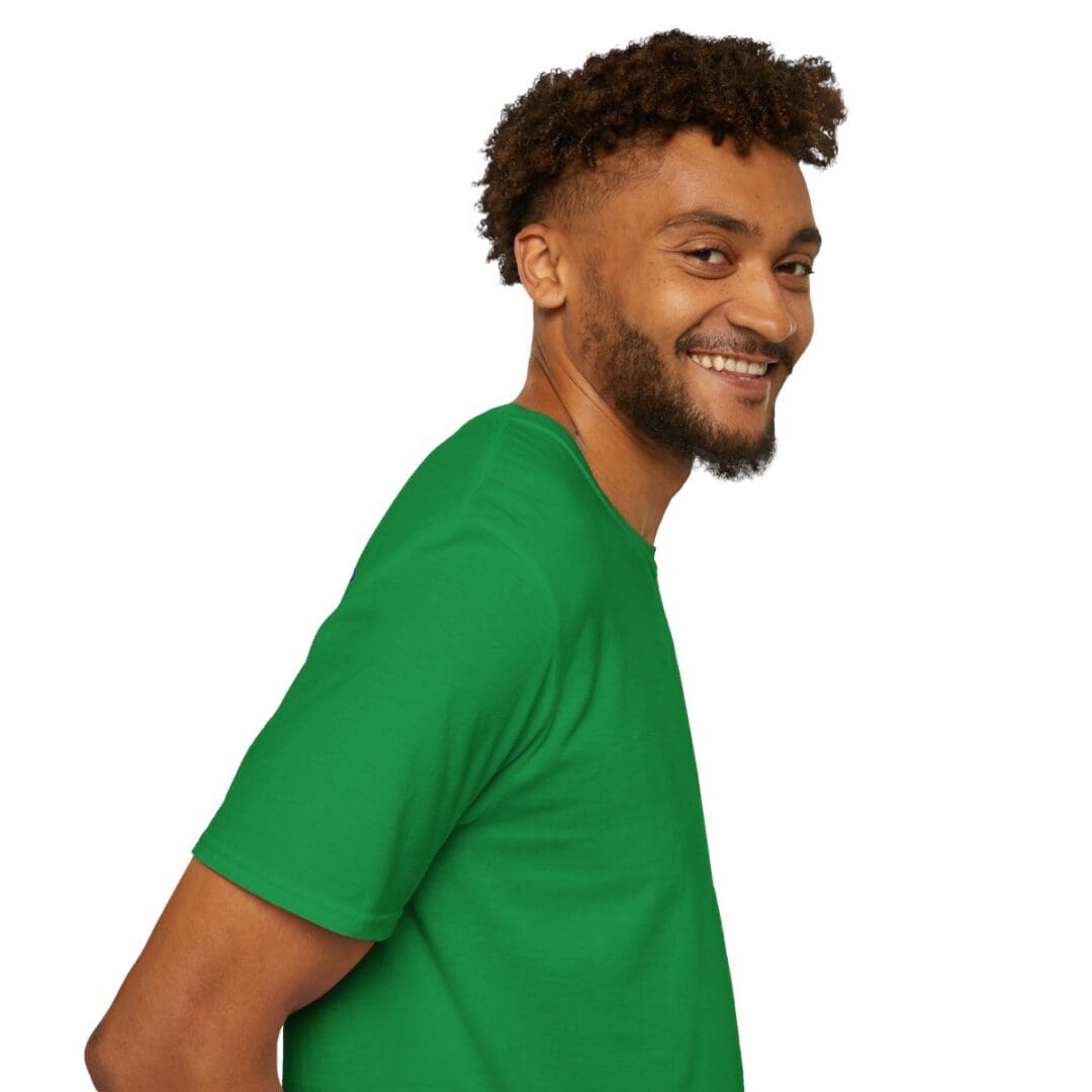 Smiling man in green t-shirt.