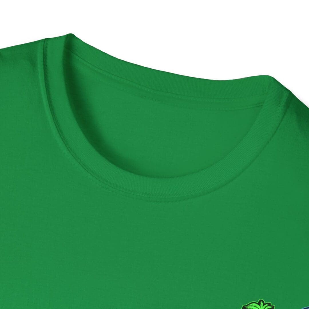 Green crew neck t-shirt close-up.
