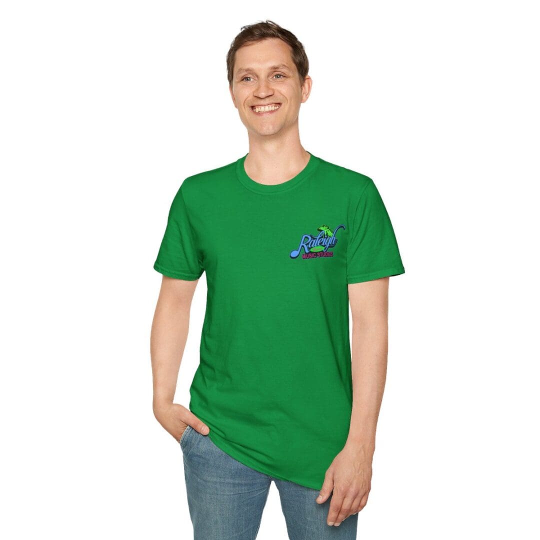 Man in green Raleigh Music Studio tee.