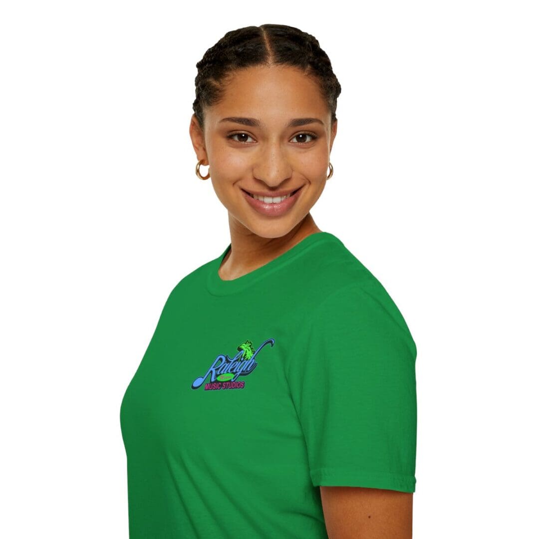 Woman in green Raleigh Music Studios shirt.