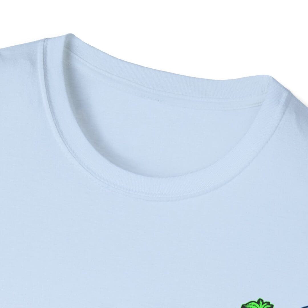 Light blue crew neck t-shirt close-up.