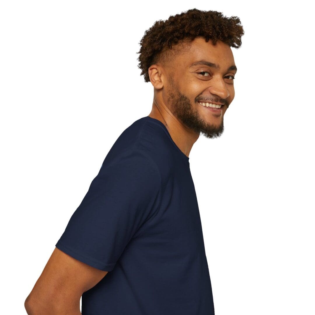 Smiling man in navy blue t-shirt.