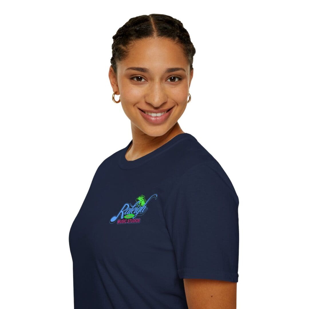 Woman wearing Raleigh Music Studios t-shirt.