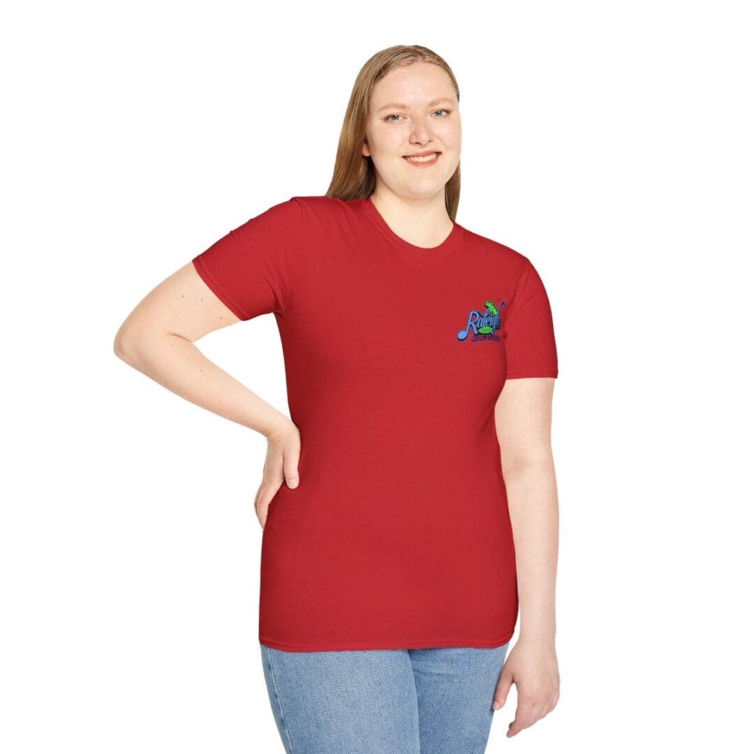 Woman in red t-shirt with logo.
