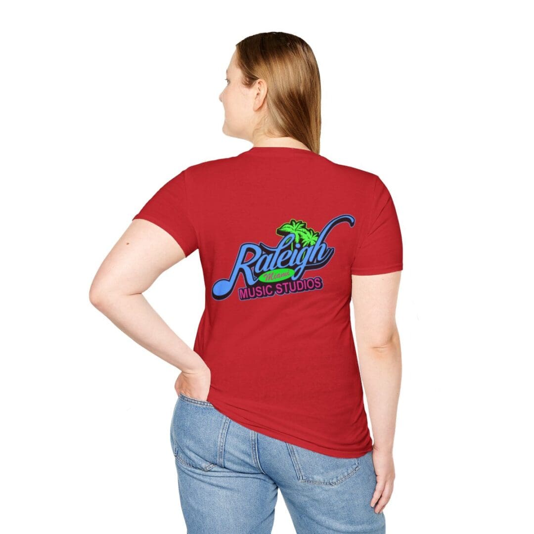 Red T-shirt; Raleigh Music Studios logo.