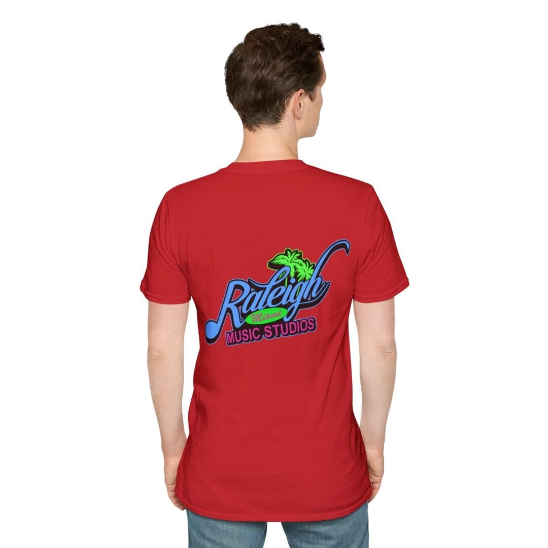 Red shirt with Raleigh Music Studios logo.