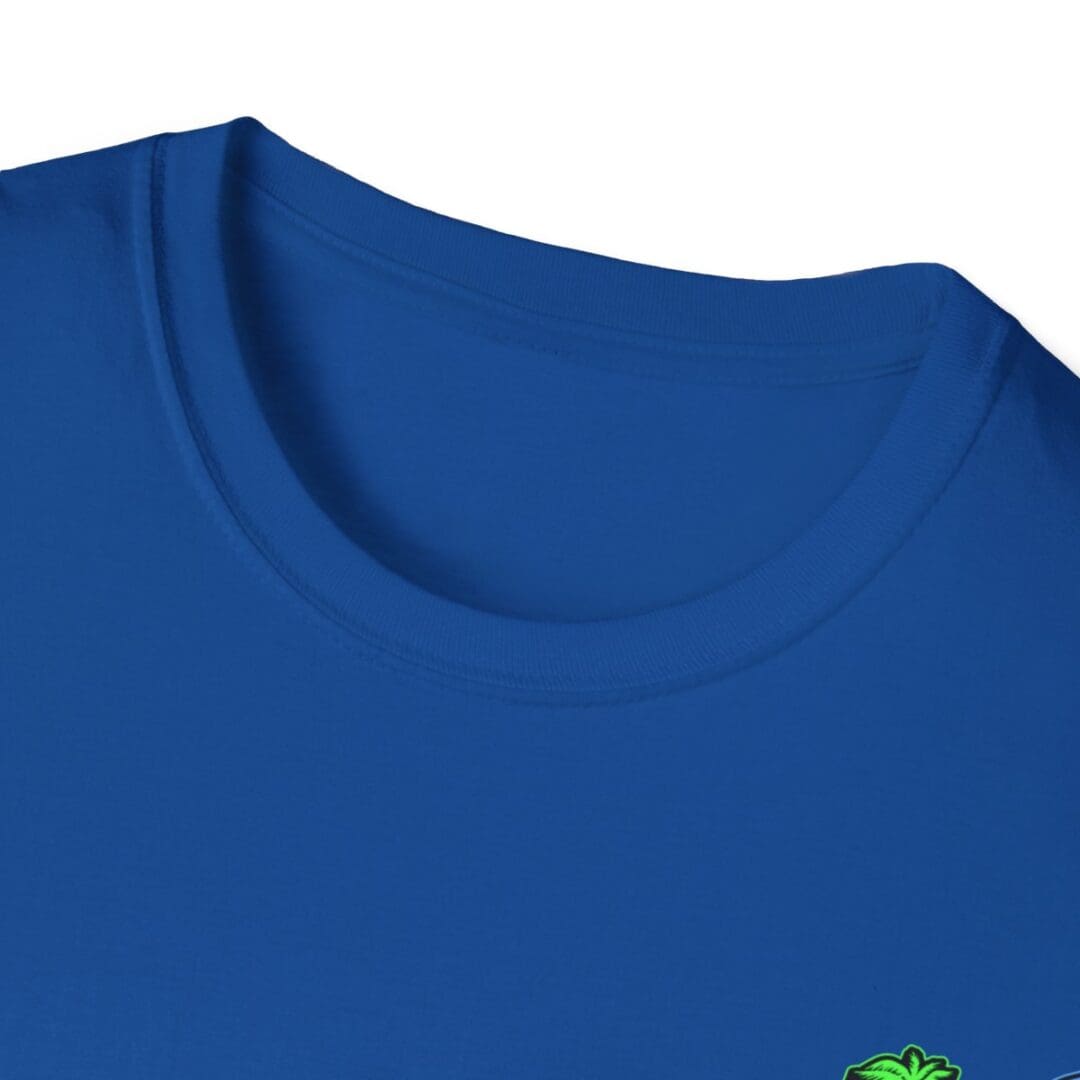 Close-up of royal blue t-shirt neckline.