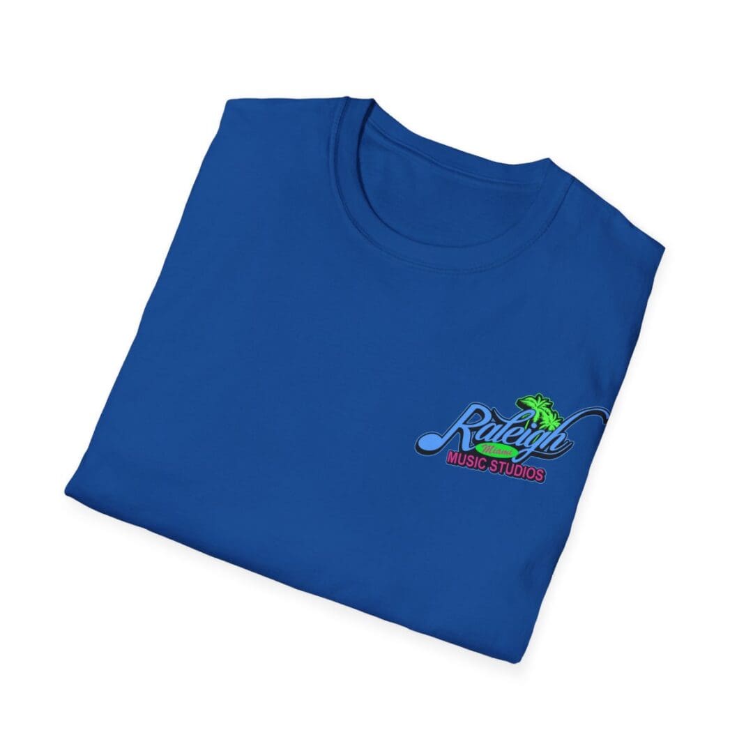 Folded blue Raleigh Music Studios tee.