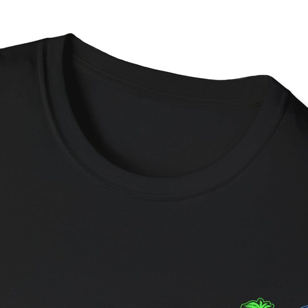 Black crew neck t-shirt close-up.