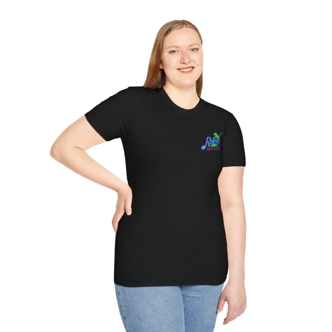 Woman in black Raveon Music Studio tee.