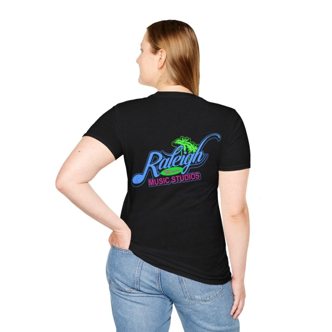 Woman's black Raleigh Music Studios T-shirt.
