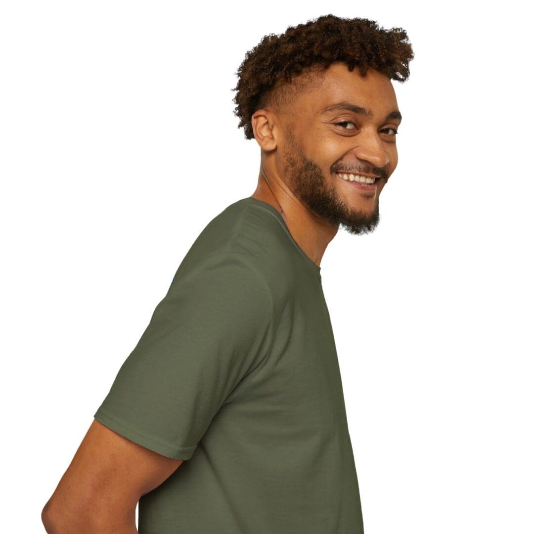 Smiling man in olive green t-shirt.