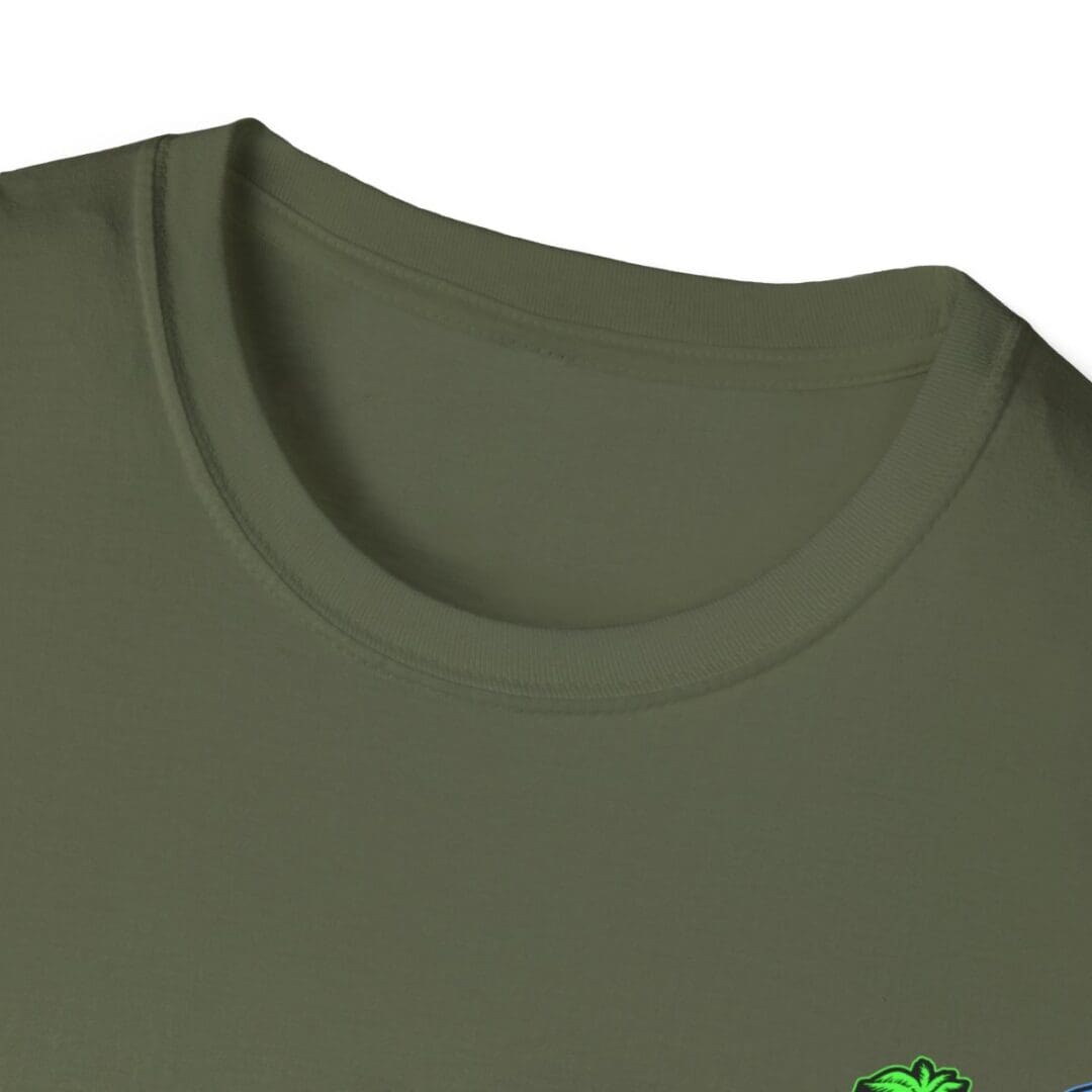 Olive green crew neck t-shirt close-up.