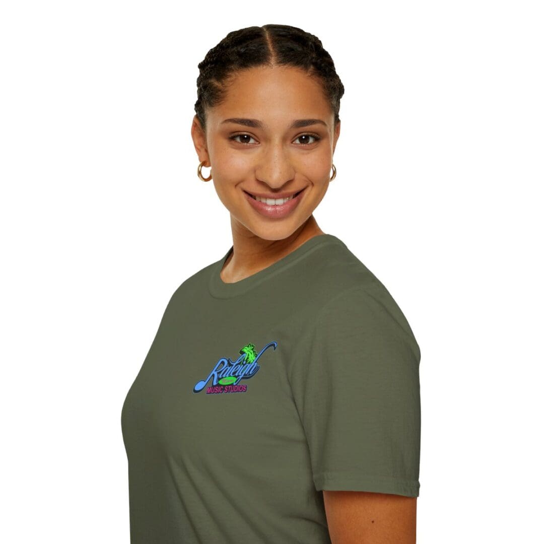 Woman in olive green Raleigh Music Studios tee.