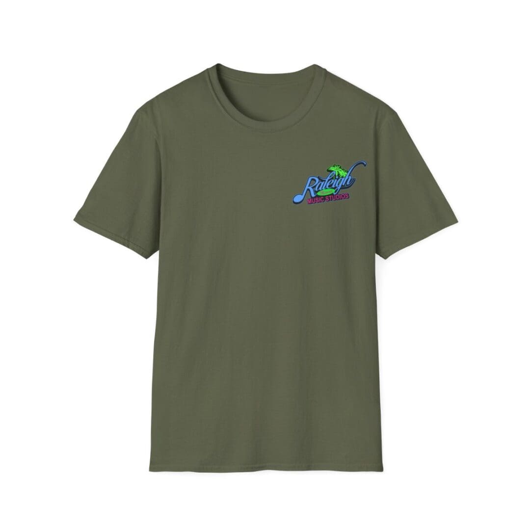 Green t-shirt with Raleigh Music Studios logo.