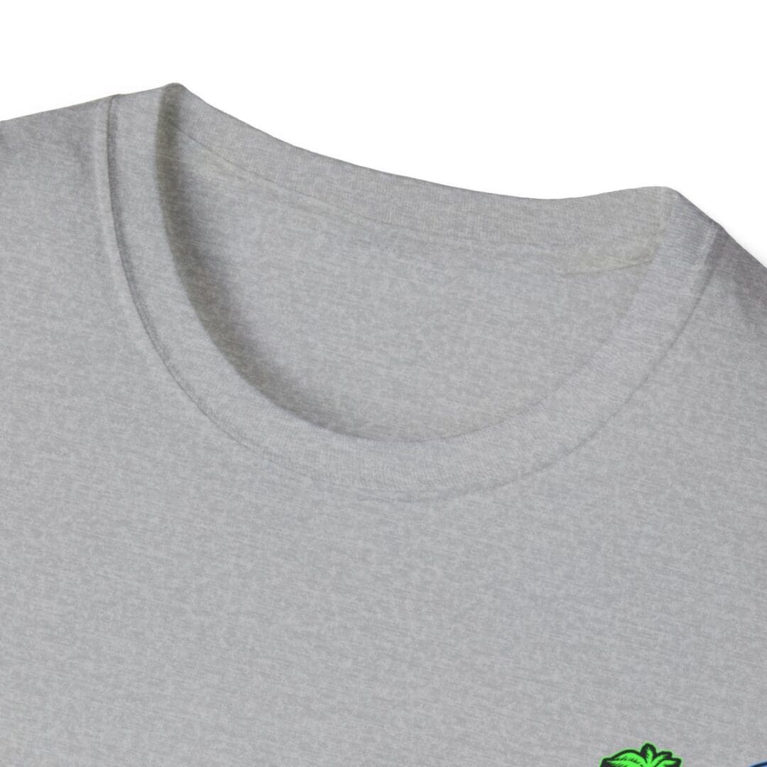 Here's an alt tag for the image: Grey t-shirt neckline detail.