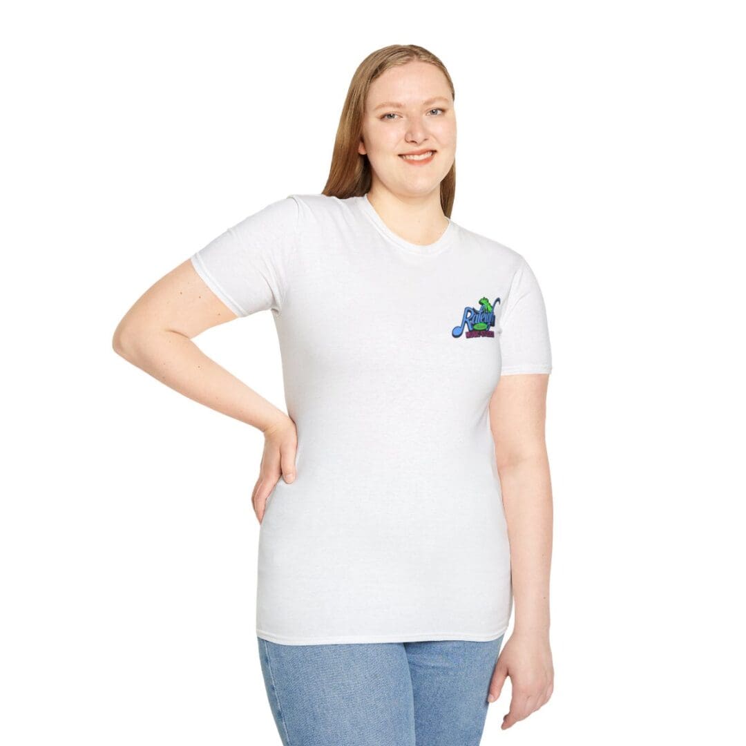 Woman in white River's Edge tee.