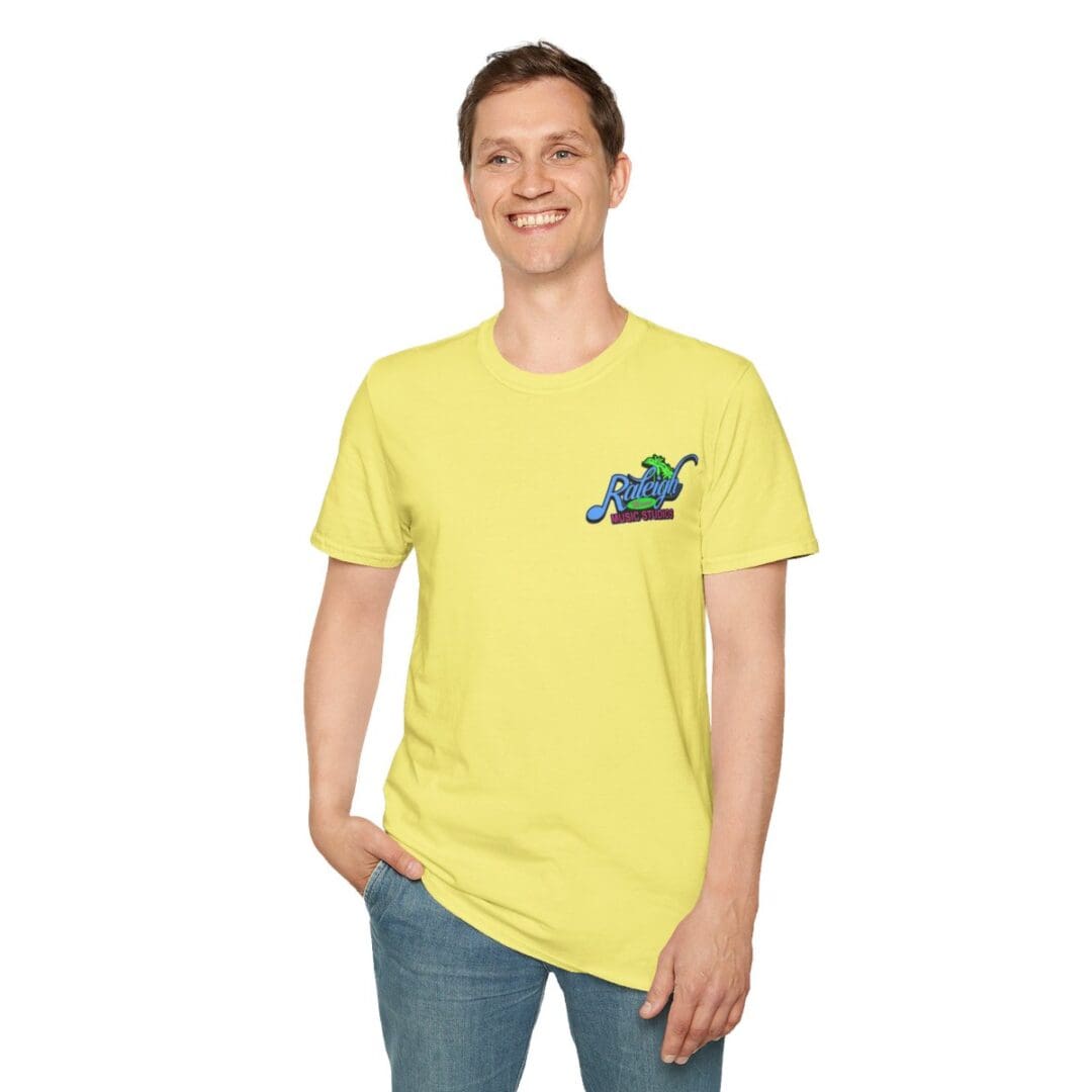Man in yellow Raleigh t-shirt.