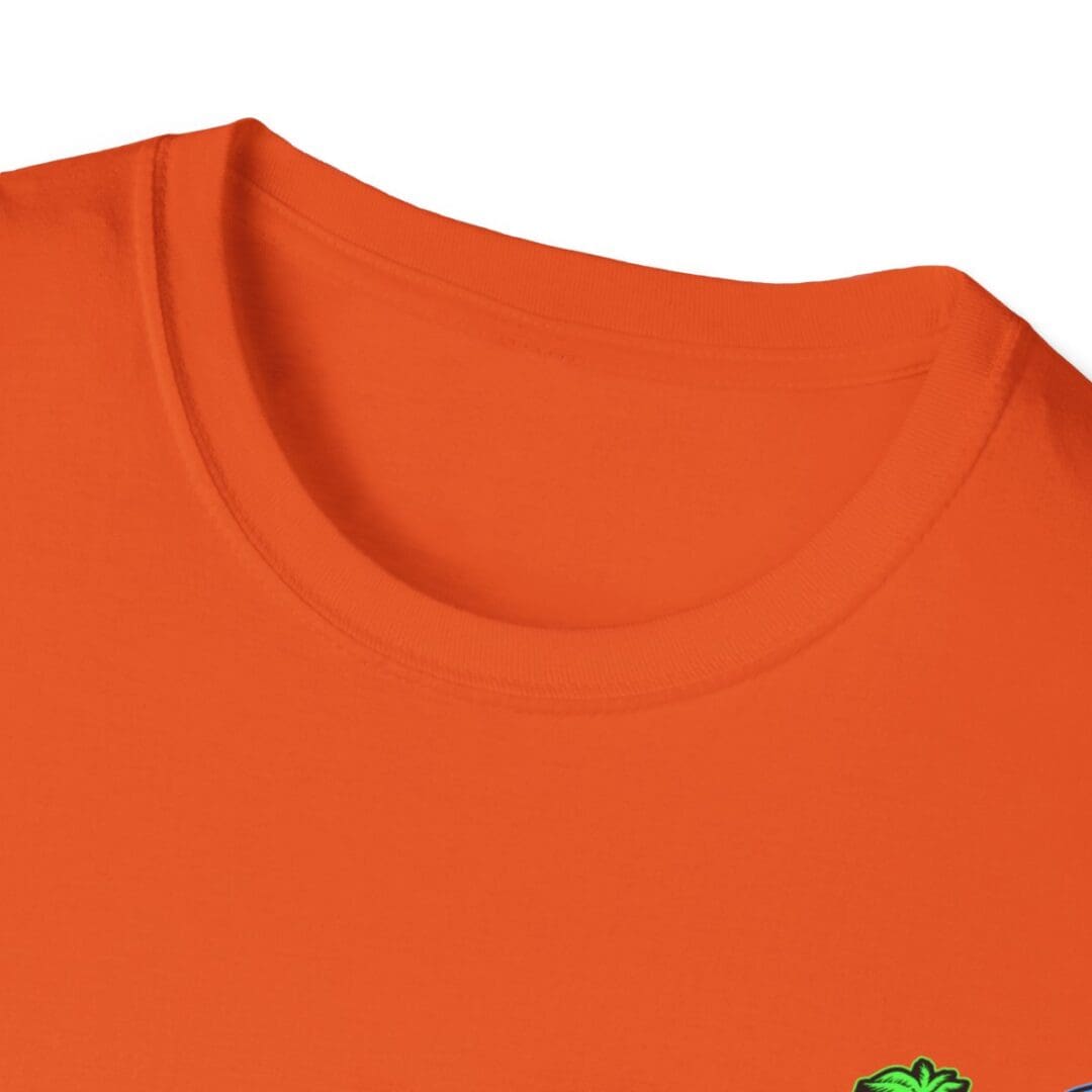 Orange crew neck t-shirt close-up.