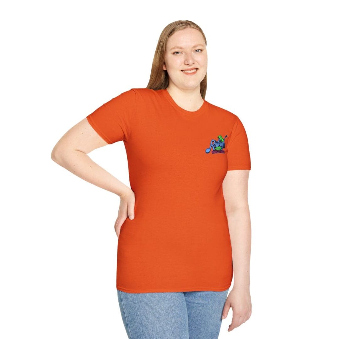 Woman in orange shirt with logo.