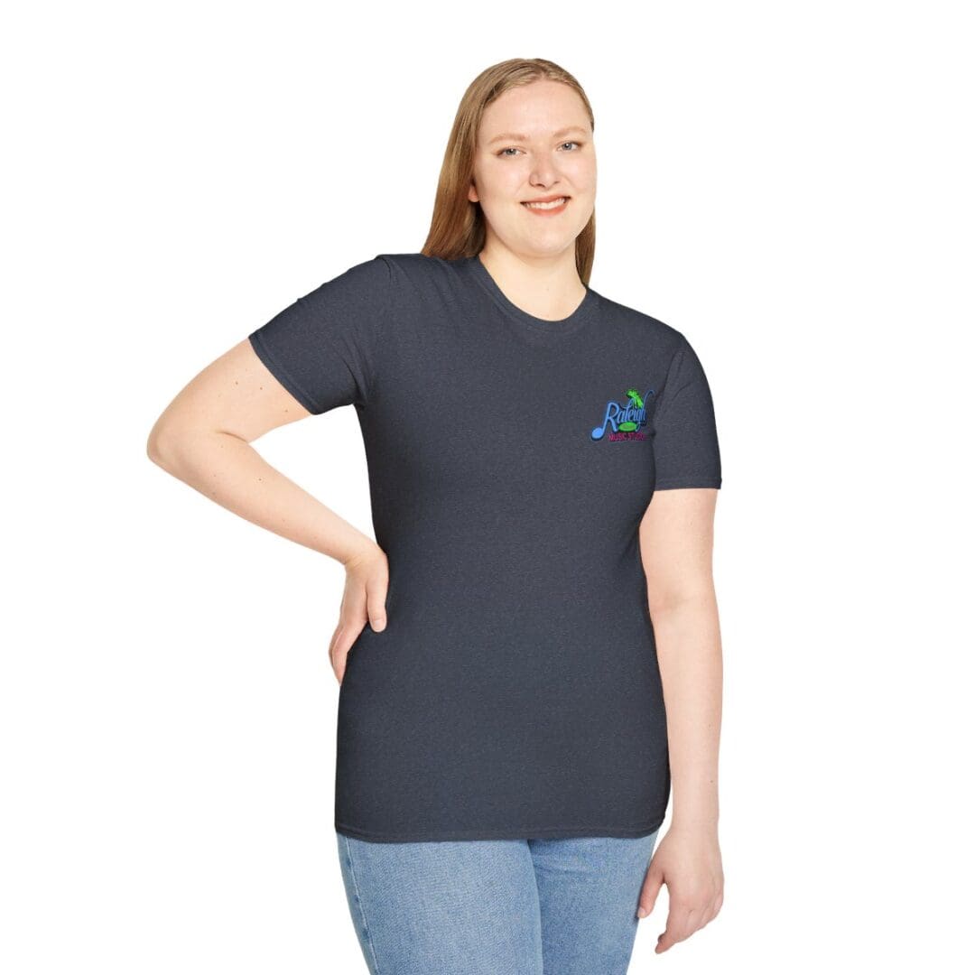Woman in dark gray Rayon t-shirt.