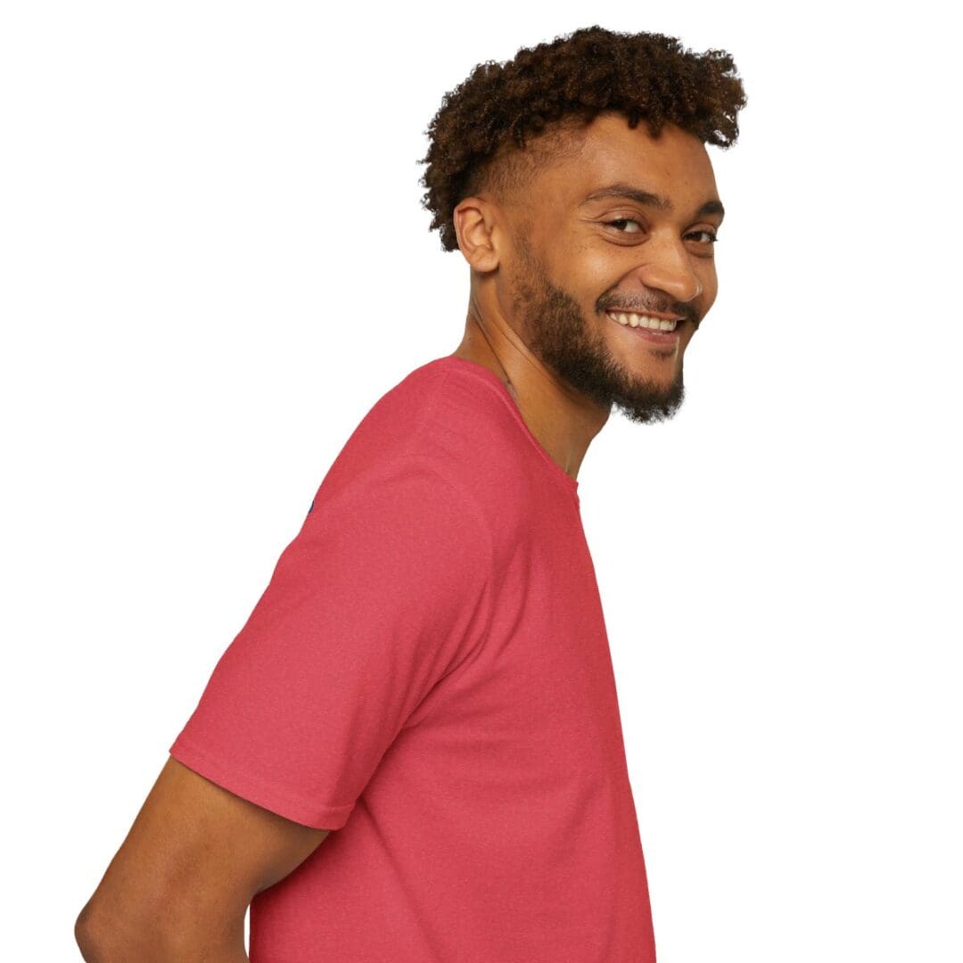 Smiling man in red t-shirt.