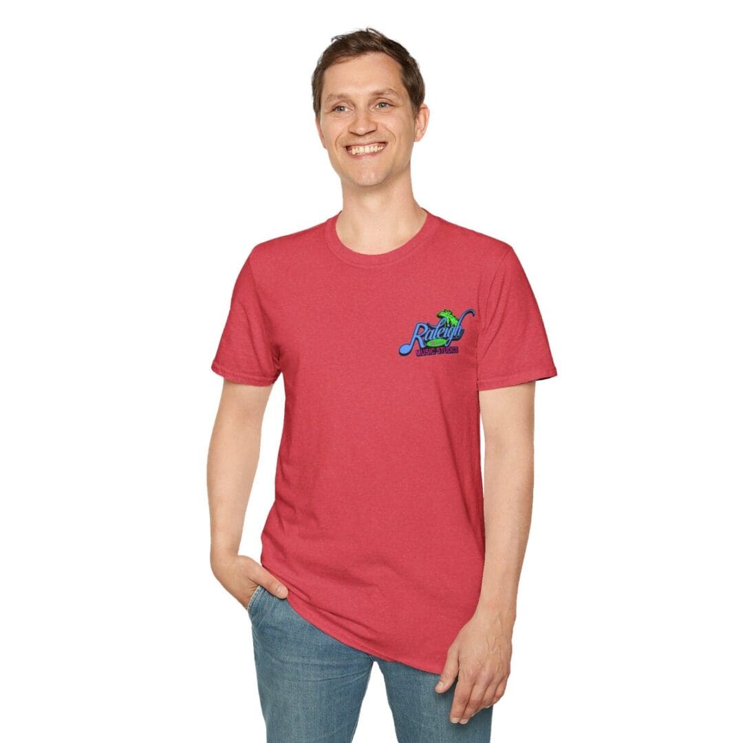 Man in red shirt with Raleigh logo.