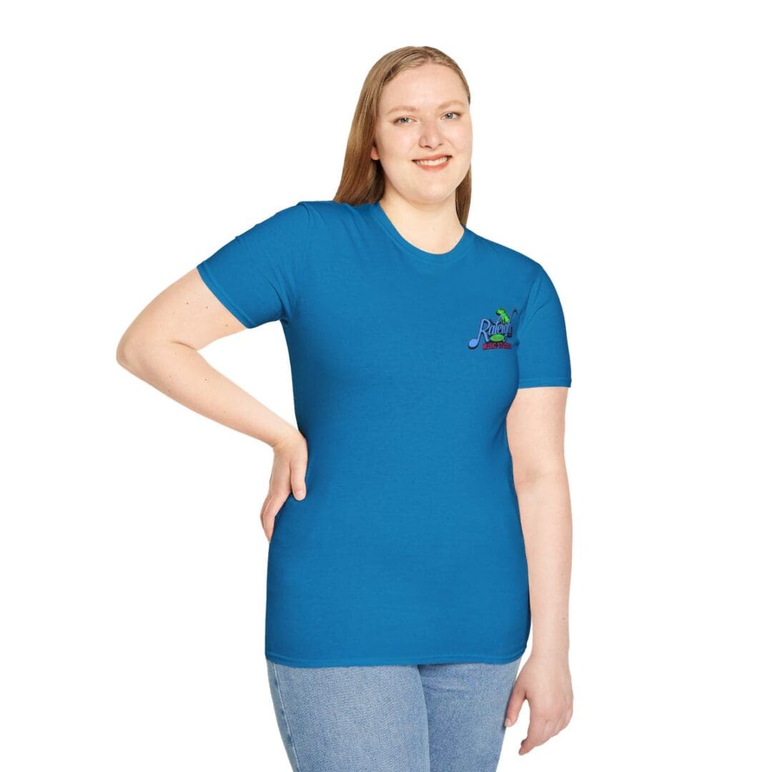 Woman in blue shirt with logo.