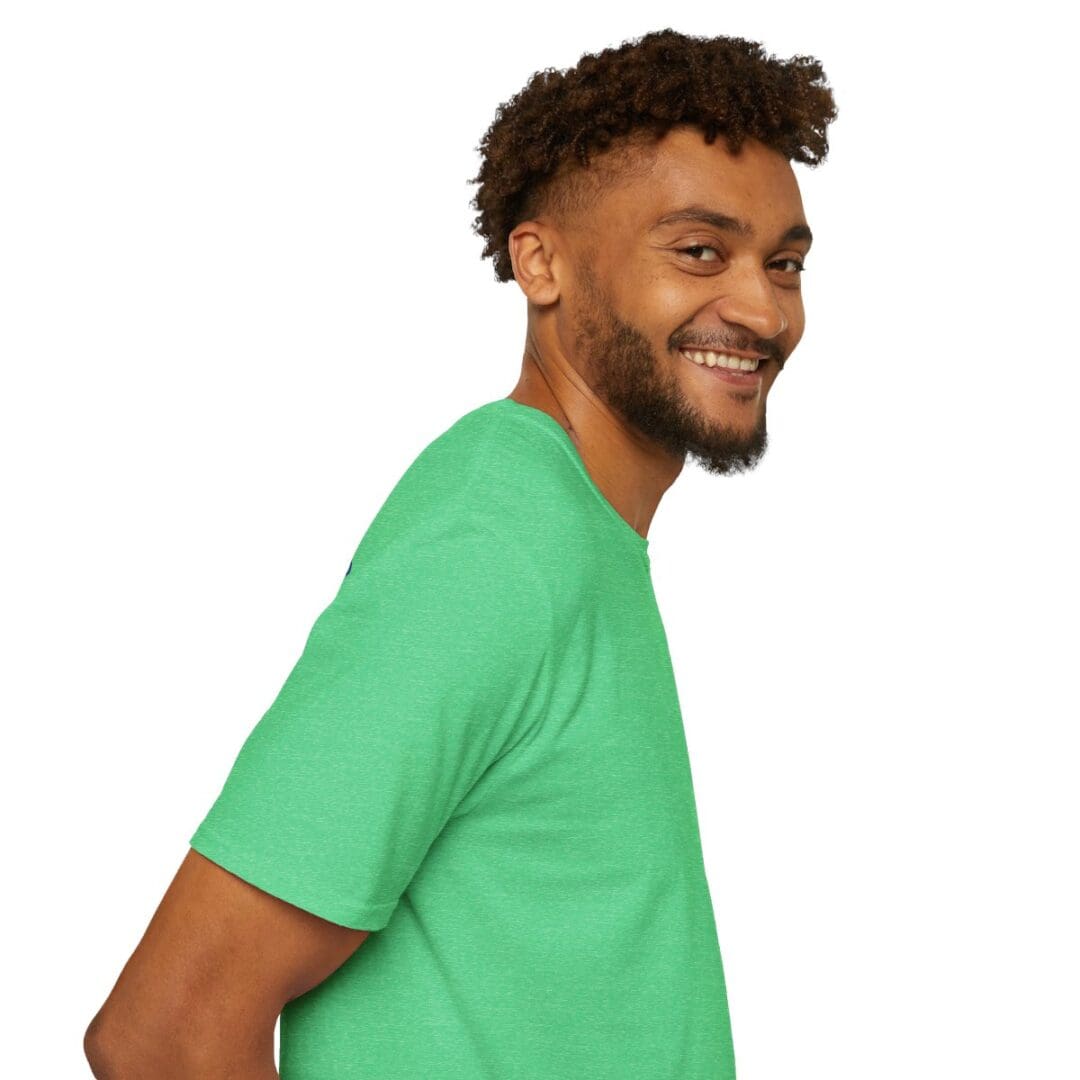 Smiling man in a green t-shirt.