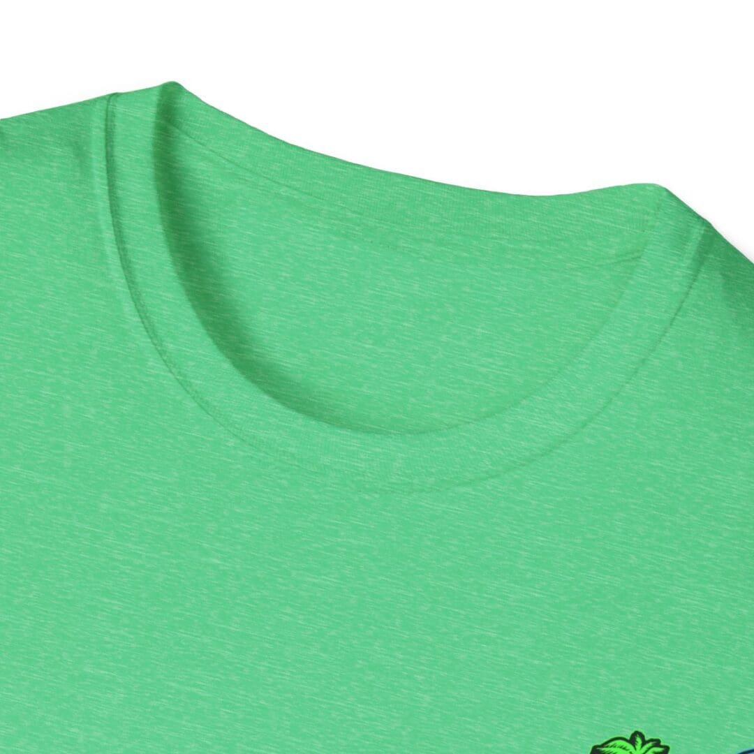 Green t-shirt neckline closeup.