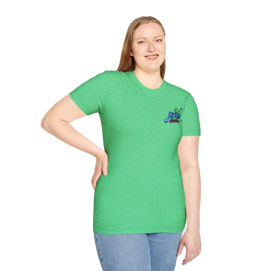 Woman in green Riverbend t-shirt.