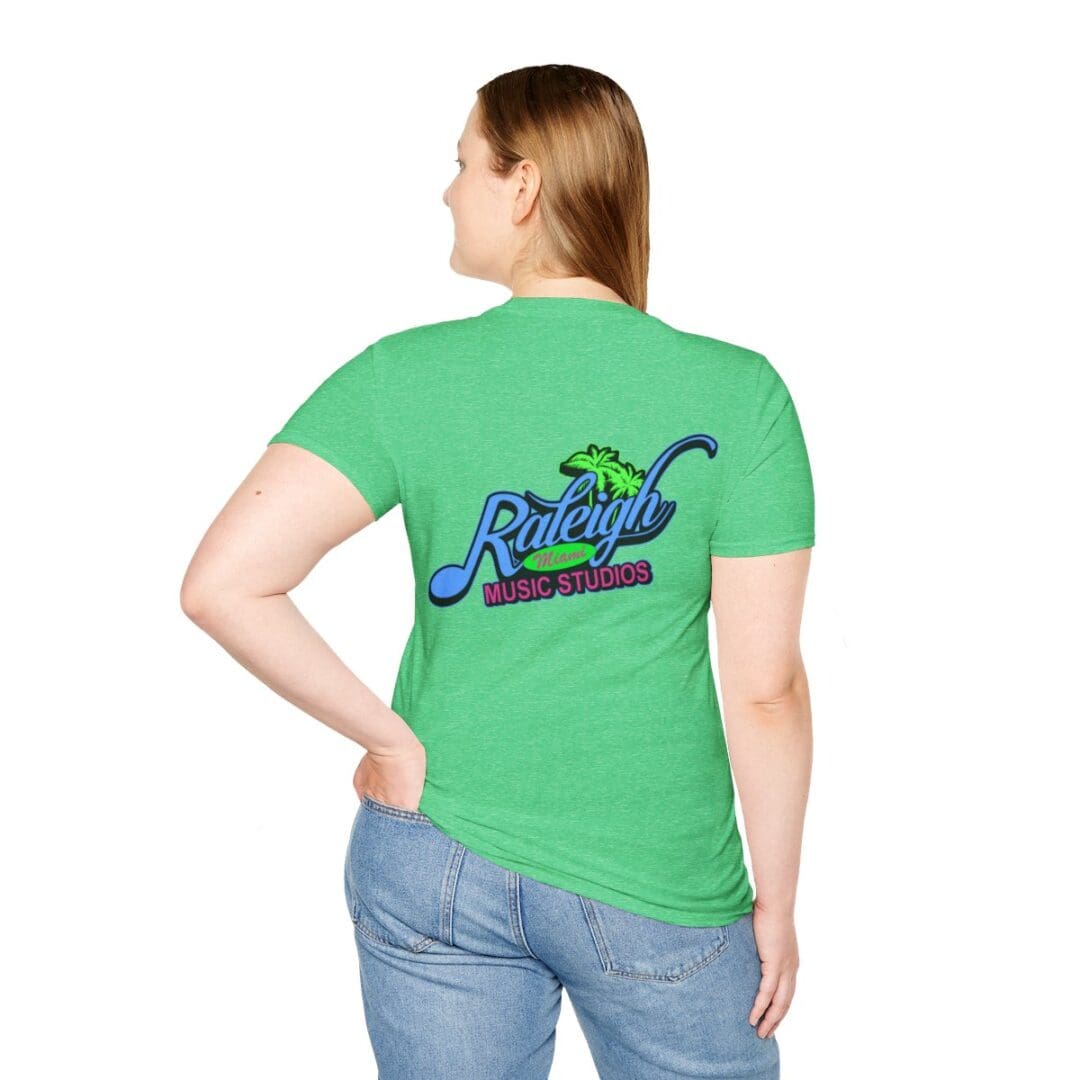 Green T-shirt; Raleigh Music Studios logo.