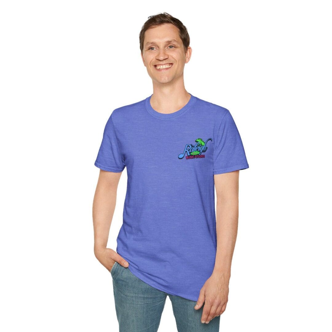 Man in purple Raleigh t-shirt.