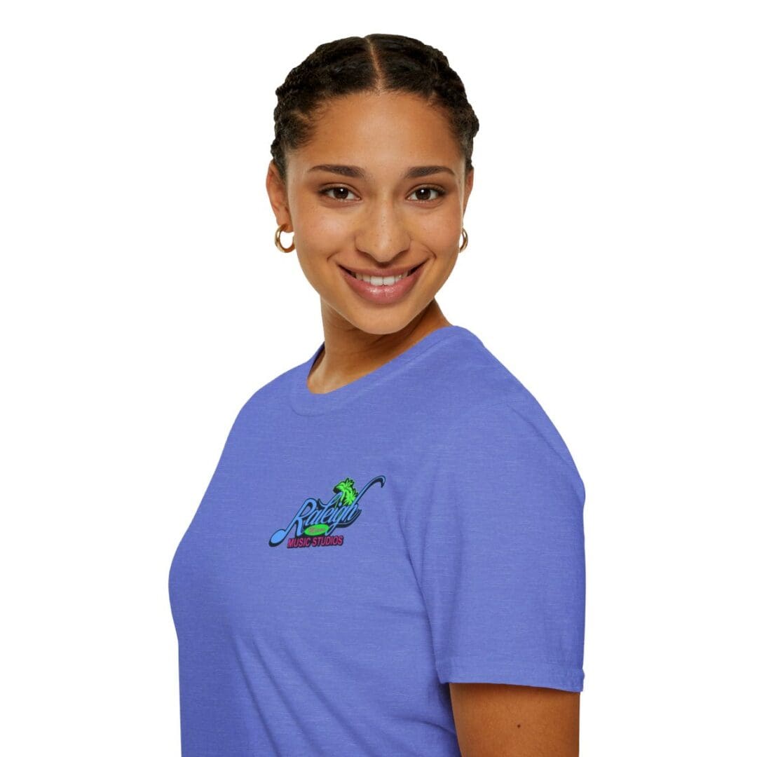 Woman in purple Raleigh Music Studios tee.