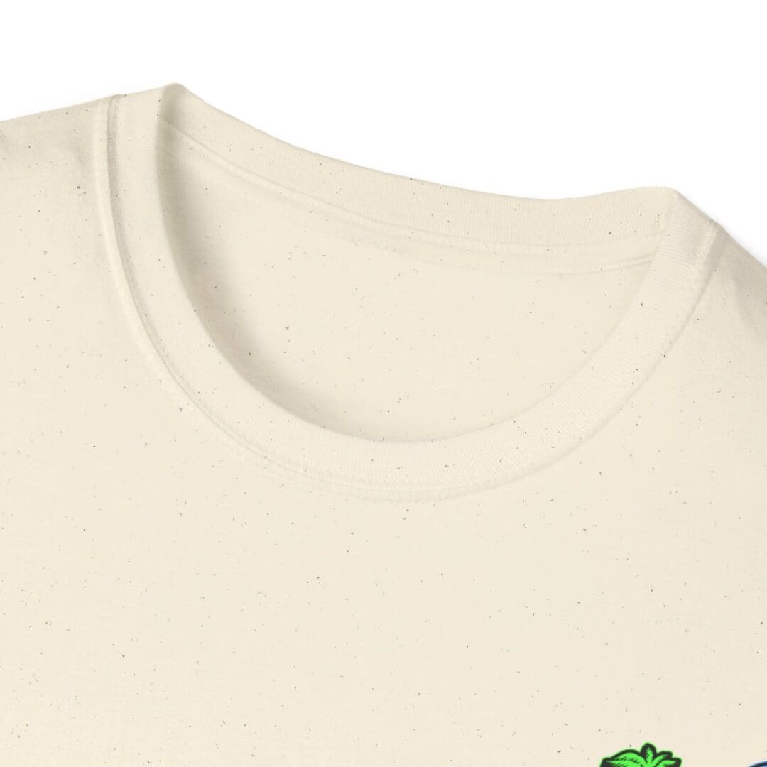 Cream-colored crew neck t-shirt close-up.