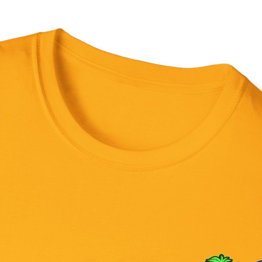 Gold crew neck t-shirt close-up.