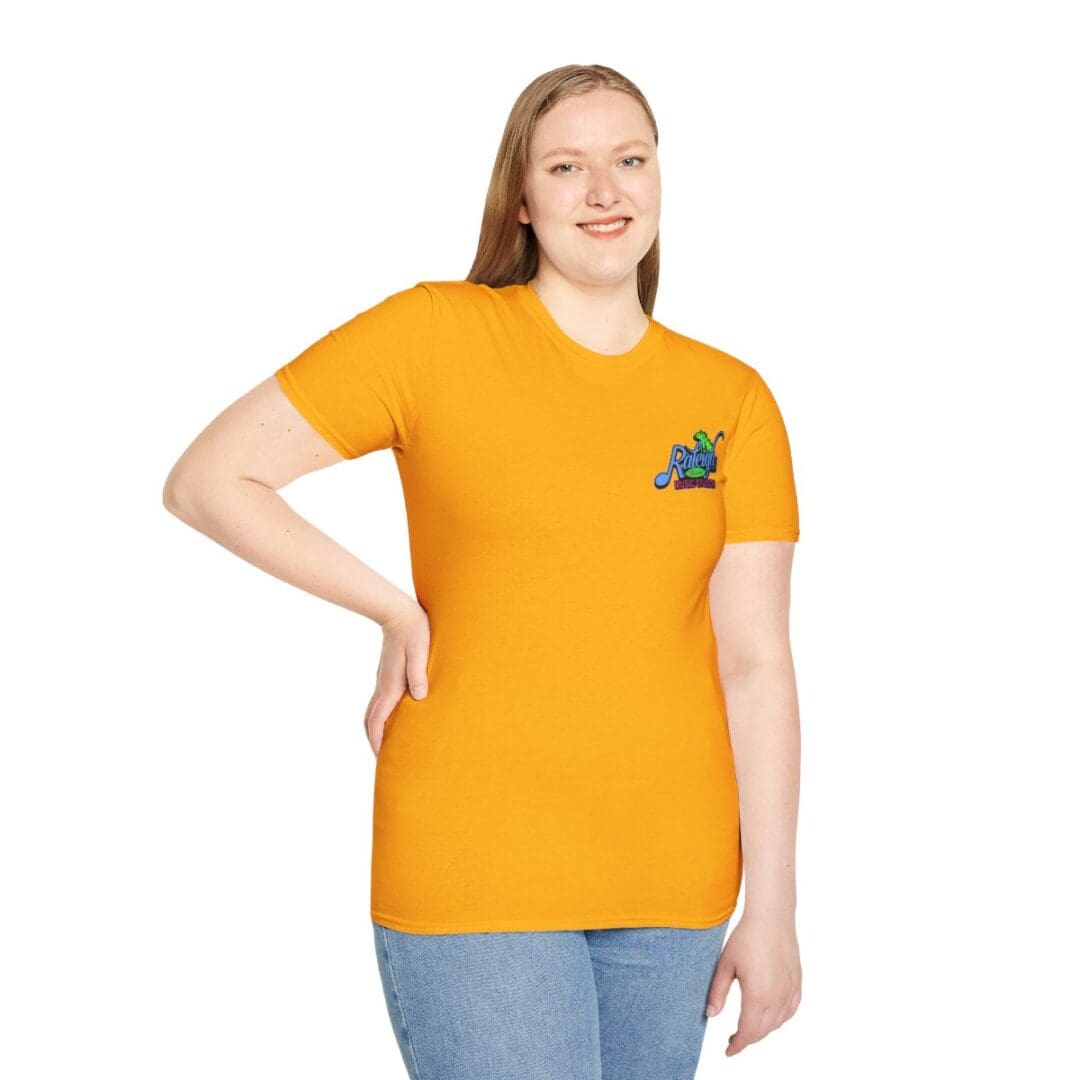 Woman in gold T-shirt with logo.
