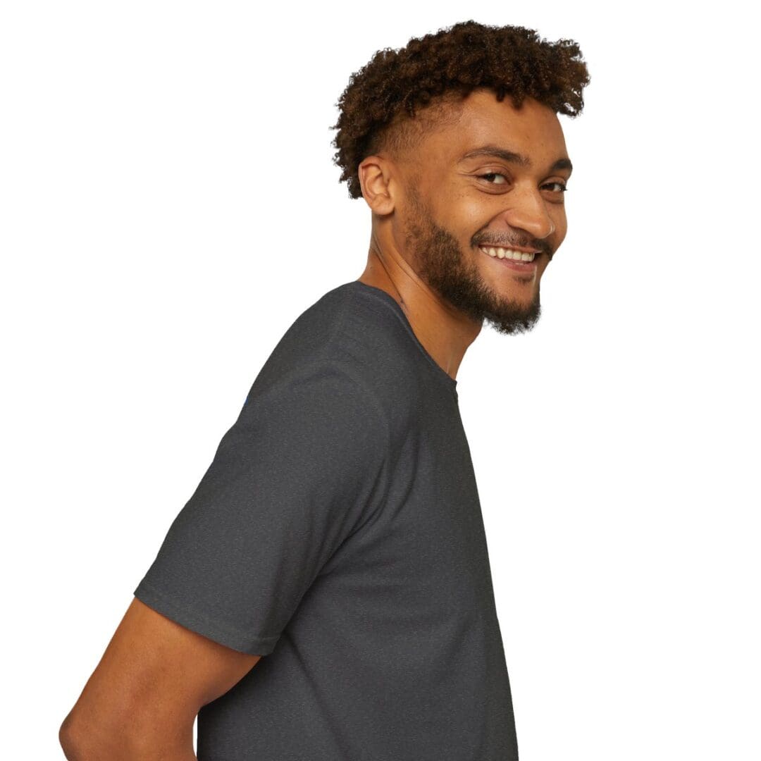 Smiling man in dark gray t-shirt.