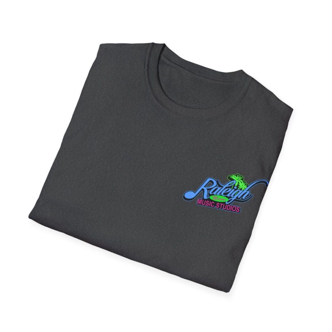 Folded dark gray Raleigh Music Studios tee.