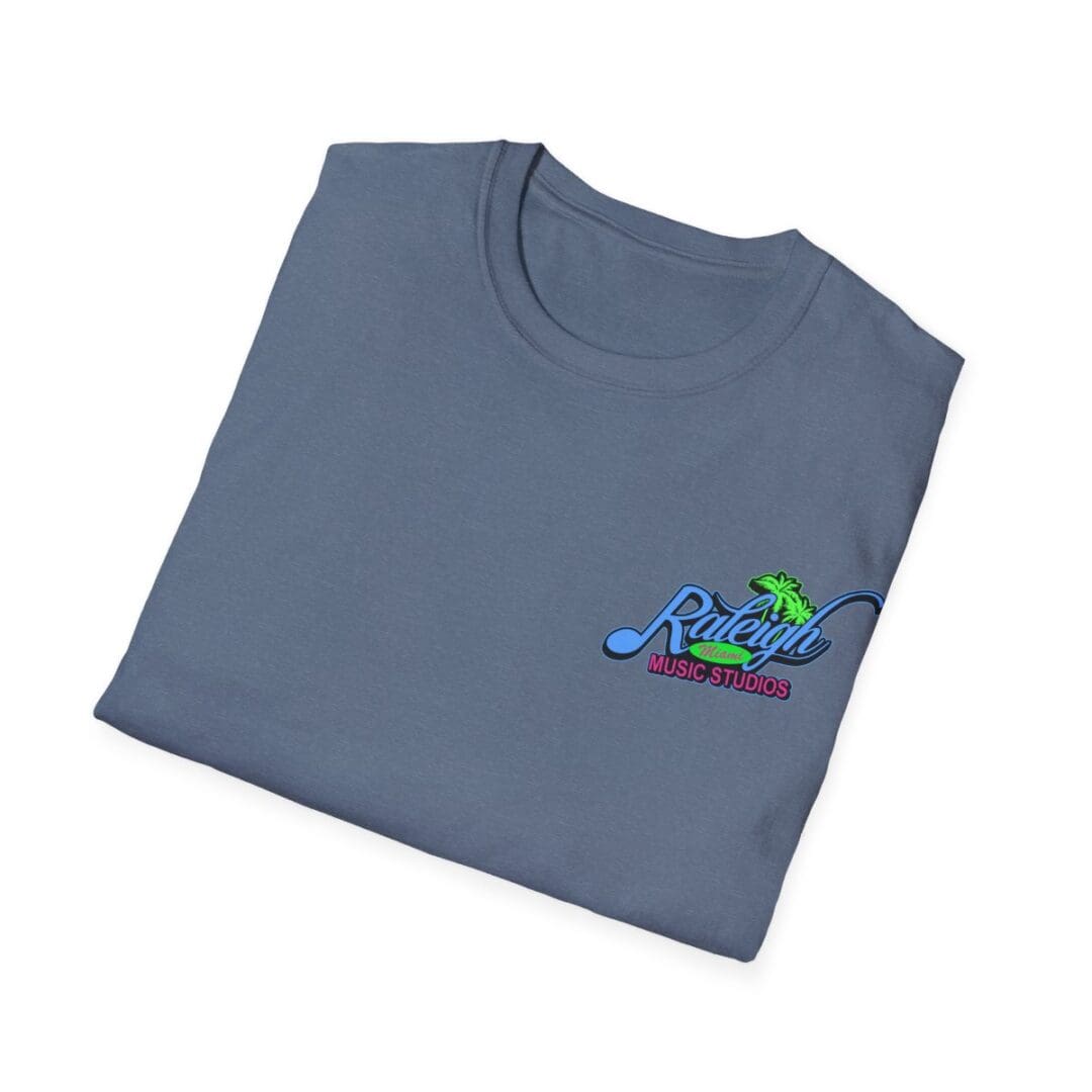 Folded blue t-shirt, Raleigh Music Studios logo.