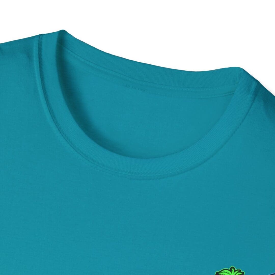 Teal crew neck t-shirt close-up.