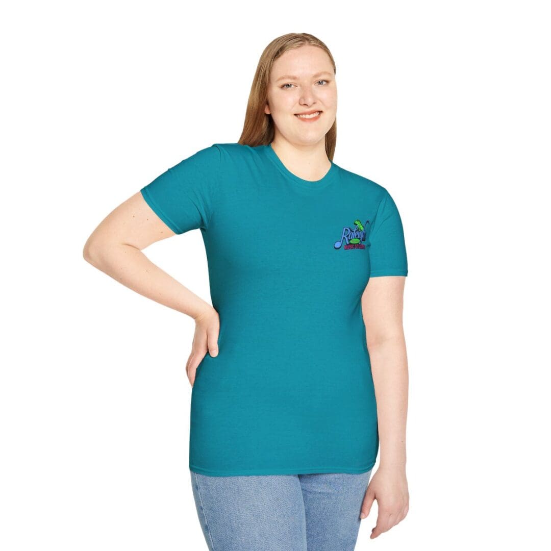 Woman in teal shirt with logo.