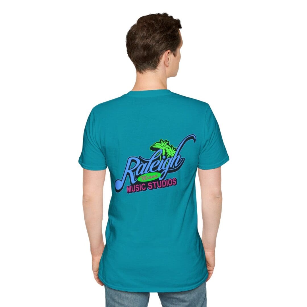 Raleigh Music Studios teal t-shirt back.